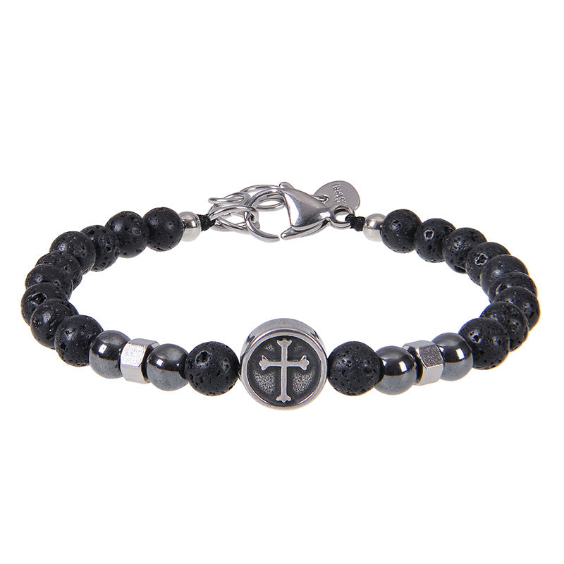 Wholesale Vintage Stainless Steel Cross Men's Natural Stone Beaded Bracelet